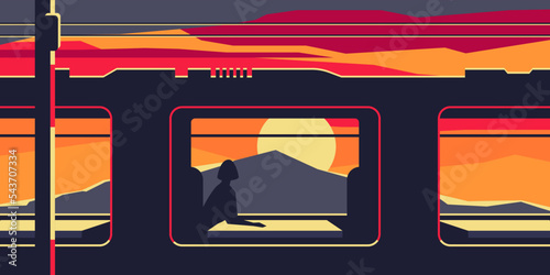 Woman in train. Female character looking on landscape sights through the window flat cartoon style. Vector illustration