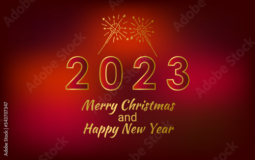 2023 Red Christmas card with golden sparklers. Merry Christmas and Happy New Year text with Snowflakes, lettering for greeting cards, banners, posters, isolated vector illustration