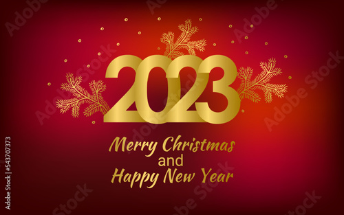 2023 Red Christmas card with Golden  Christmas tree. Merry Christmas and Happy New Year text with Snowflakes, lettering for greeting cards, banners, posters, isolated vector illustration