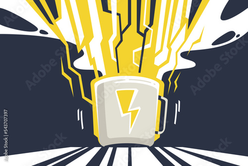Coffee cup, energy drink. Mug hot drink with flash cafe restaurant logo business identity. Caffeine vector background