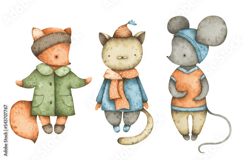 Watercolor set with cute vintage cat, fox and mouse. Winter characters for poster, logo design, holiday greetings