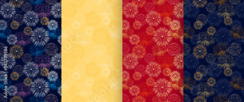 Set of backgrounds with festive fireworks. Bright beautiful flashes on dark, yellow and red. Vector abstract seamless pattern.