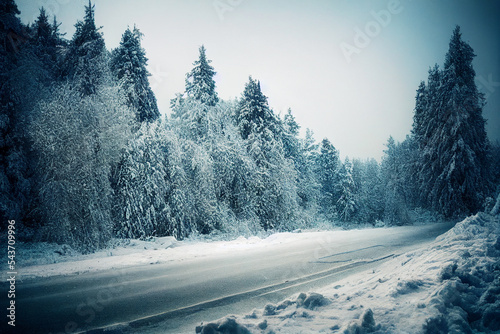 Snow Covered Pine Trees on the side of the road © Elka