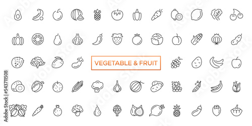 Fruits and vegetables icons set. Vector line icons, modern linear design graphic elements, outline symbols