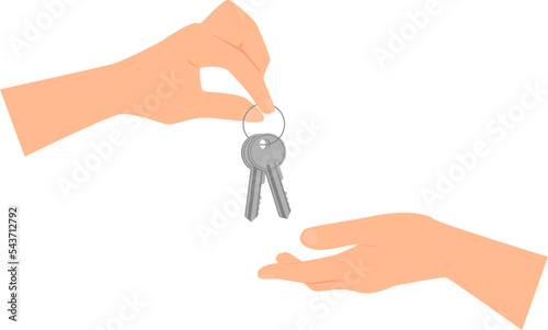 Hand giving two keys to another hand. Transparent background. Flat vector illustration.