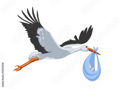 Stork carries newborn baby in a bag in its beak. Vector illustration.