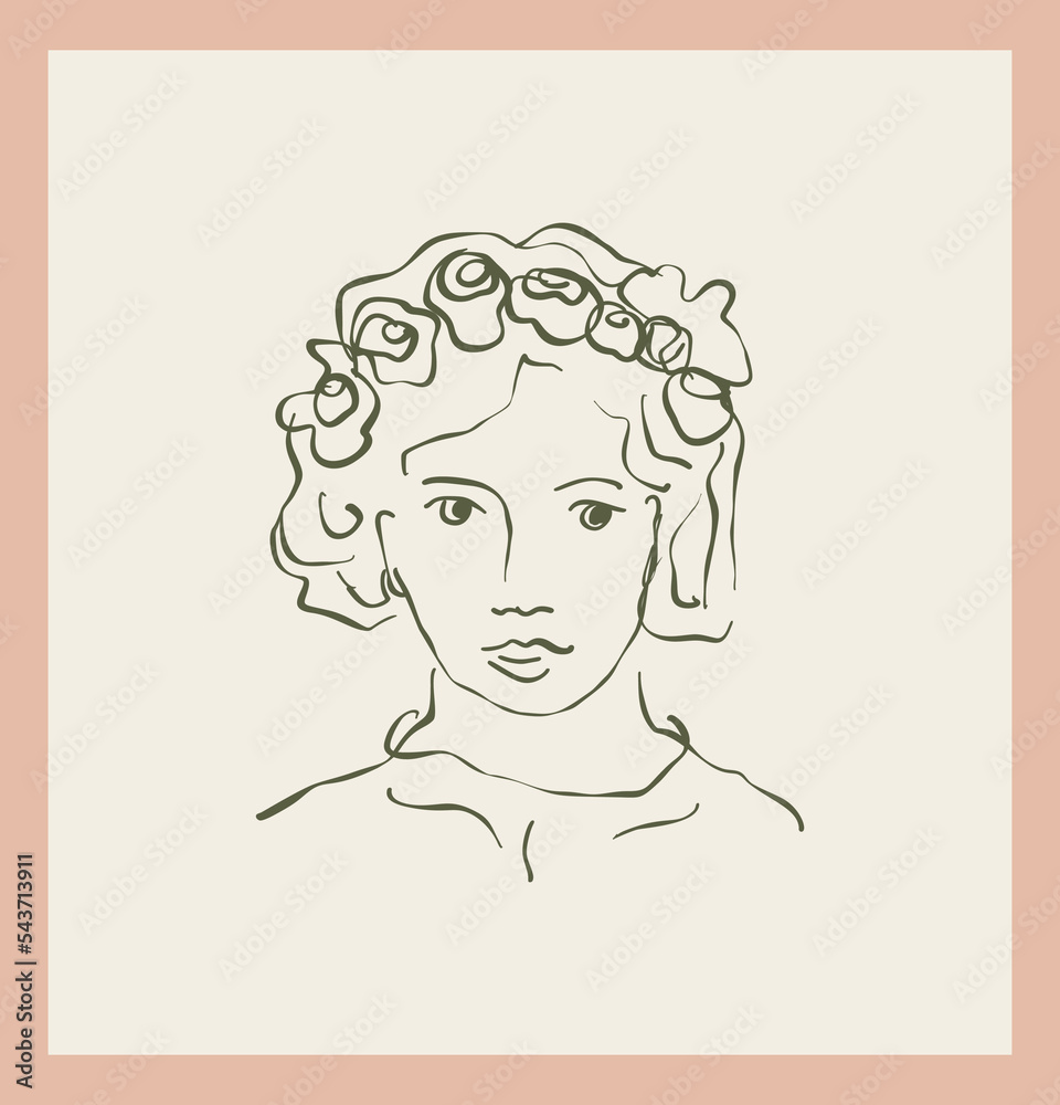 Female portrait with flower vector single clipart. Framed drawing of