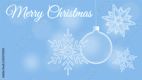 Christmas card showing snowflakes and a Christmas tree bauble with a Merry Christmas greeting on a blue background.