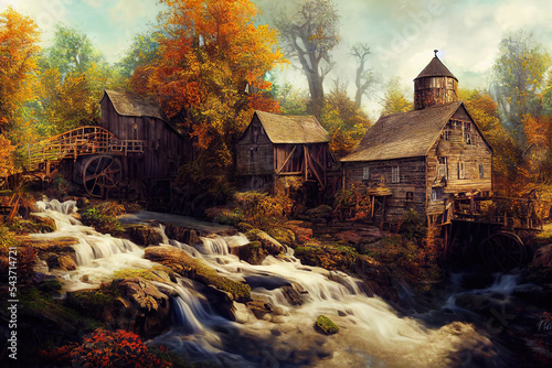 AI generated image on a vintage water-mill similar to the Glade Creek Gristmill during autumn  photo