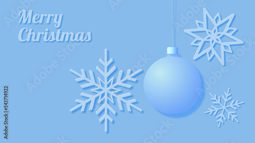 Christmas card showing snowflakes and a Christmas tree bauble with a Merry Christmas greeting on a blue background.
