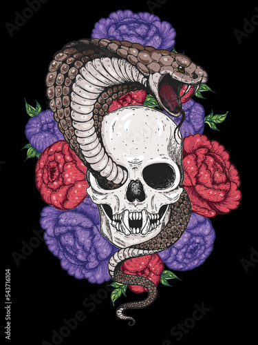 Vampire Skull, cobra snake and flowers hand drawn illustration. Tattoo vintage print. Hand drawn floral print. Tattoo design.