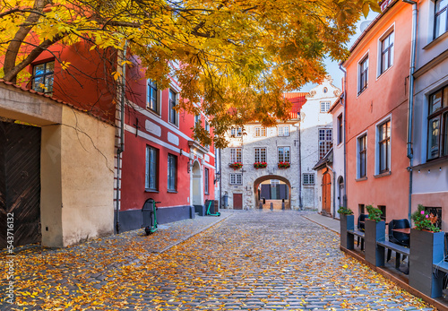 Colorful autumnal street in Riga - the capital of Latvia and famous tourist city