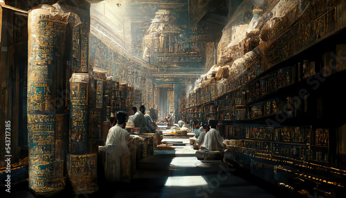 AI generated image depicting inside of the ancient library at Alexandria 2000 years ago. Students and scholars reading from huge racks to papyrus scrolls. Walls covered with hieroglyphs photo
