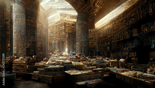 AI generated image depicting inside of the ancient library at Alexandria 2000 years ago. Students and scholars reading from huge racks to papyrus scrolls. Walls covered with hieroglyphs photo
