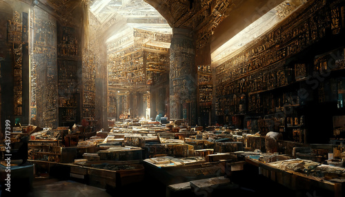 AI generated image depicting inside of the ancient library at Alexandria 2000 years ago. Students and scholars reading from huge racks to papyrus scrolls. Walls covered with hieroglyphs