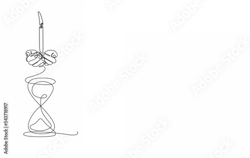 continuous drawing with one line of an hourglass and a memorial candle in the palms. The concept of loss in time