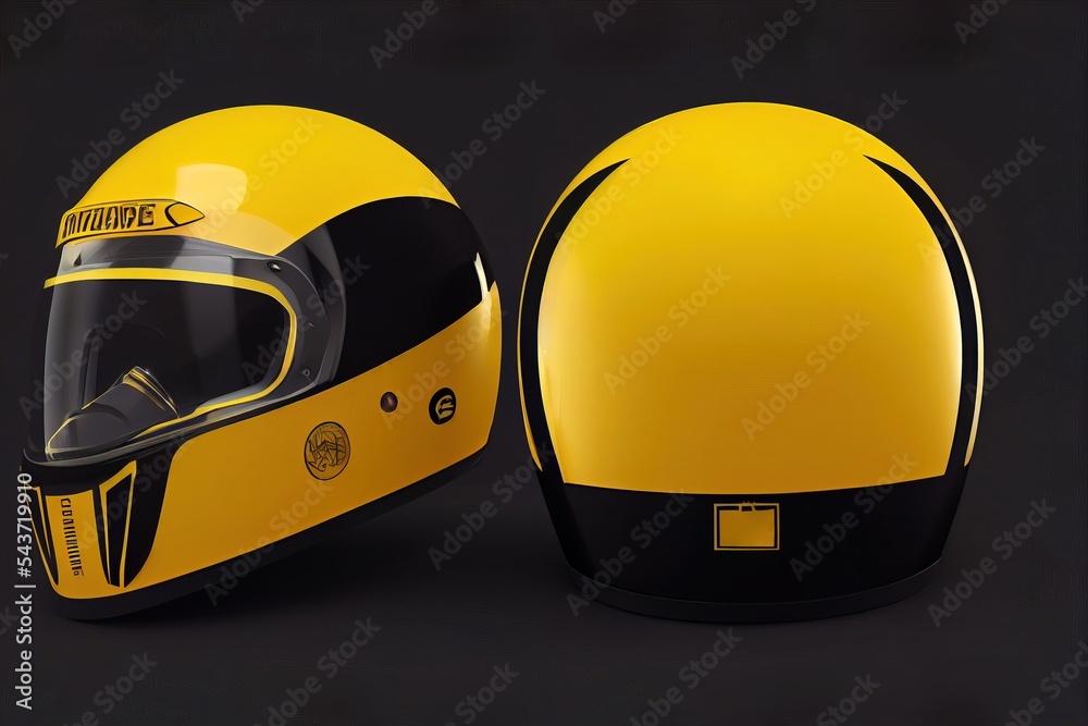 Glossy yellow racing helmet, in two variations, side view and rear view