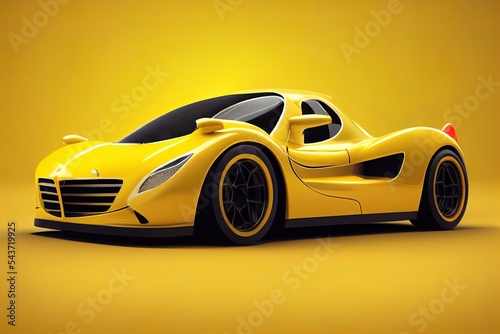 Glossy yellow sports car isolated on yellow background, ai generated illustration
