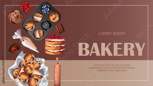 Pastry, baking products, cake, muffins, utensils, copy-space on pink. Bakeries, shops, confectionery, cooking, dessert concept. Vector illustration for poster,banner,flyer,menu,advertising. 