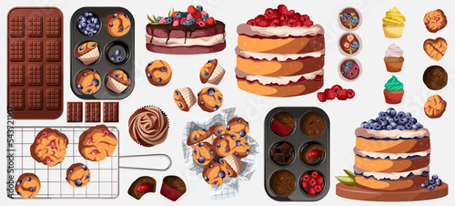 Set of different baking products pastry isolated on white. Vector illustration of cakes,cookies,muffins,chocolate,cupcakes. Bakeries, cafe, shops, dessert, sweets concept.