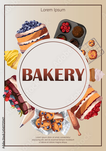 Poster design with cakes,muffins,utensils,cupcakes,copy-space on circle.Baking,bakery shop,cooking,sweet product,dessert concept. Vector illustration for poster,banner,flyer, menu. 