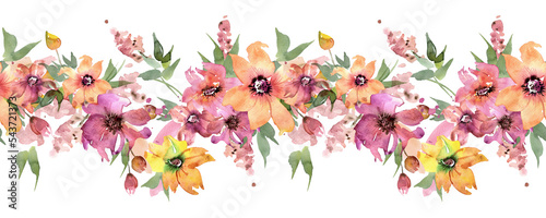 Pink and Yellow Watercolor Floral Seamless Border 