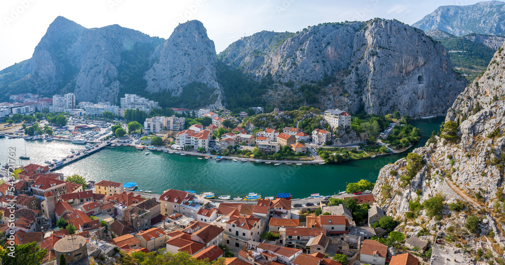 view on Cetina river in Omis town in Dalmatia region in Croatia