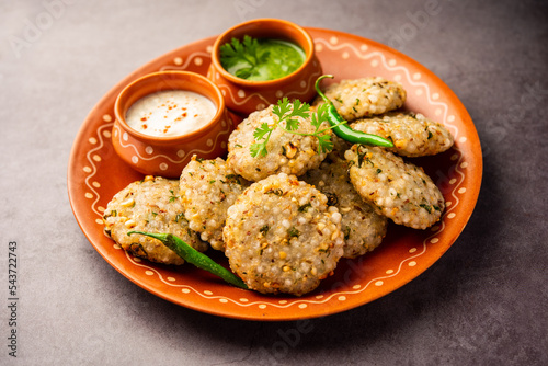 sabudana wada or shabudana vada called in india made from sago and served with chutney photo