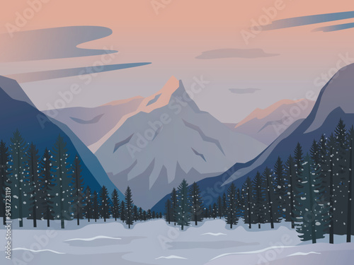 Winter morning or evening landscape with mountains
