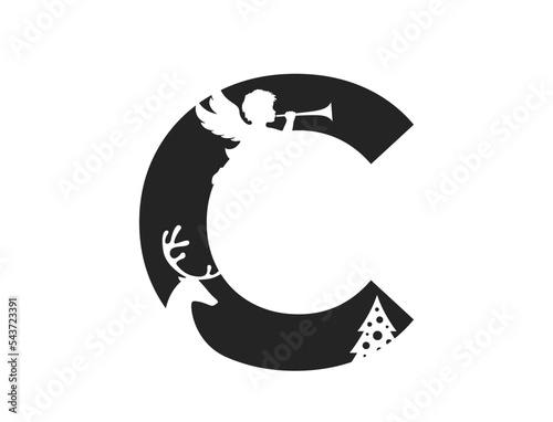 letter c with angel, deer and christmas tree. creative initial letter for Christmas and New Year design