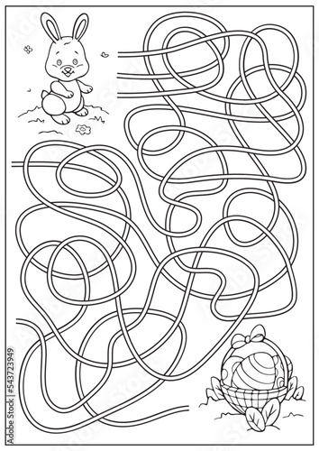 Easter labyrinth game and coloring book with maze for children. Find way for bunny to eggs in a basket. Education activity page and worksheet. Cartoon vector illustration.