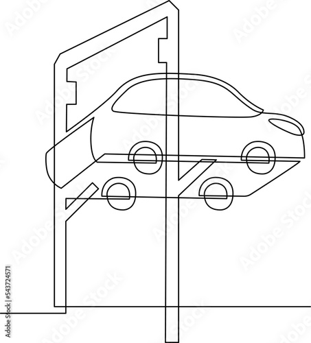 Service car. Car on lift. Bottom view. Continuous line drawing. Vector illustration