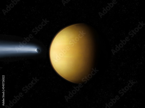 Exoplanet in deep space. Comet is approaching the planet. Beautiful alien world 3d illustration.