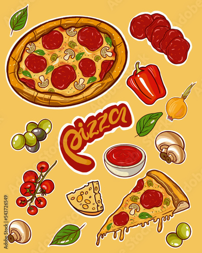 Pizza recipe sticker set vector hand drawing, set of stickers for printing fast food pizza, cooking ingredients, cheese, tomatoes, herbs, sausage. Stickers for printing, sketchbook, diary