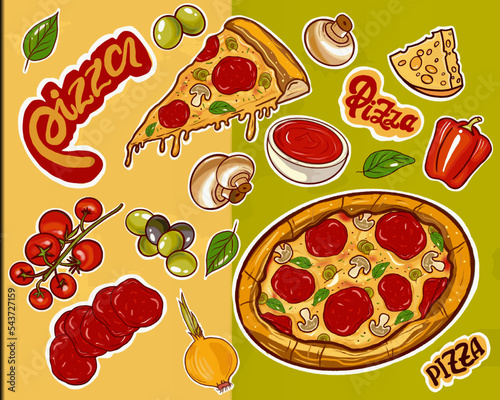 Pizza recipe sticker set vector hand drawing, set of stickers for printing fast food pizza, cooking ingredients, cheese, tomatoes, herbs, sausage. Stickers for printing, sketchbook, diary