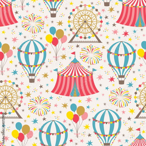 Circus theme pattern. Seamless pattern with vintage carnival elements. Vector illustration.