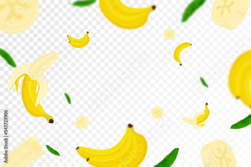 Flying Banana background, seamless pattern with defocused blur effect. Falling Ripe banana and palm leaves isolated. Can be used for wallpaper, banner, poster, print, fabric, wrapping paper. Vector