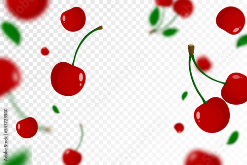 Flying red juicy cherry background with defocused blur effect. Berries of different size on transparent background. Can be used for wallpaper, banner, poster, print, fabric, wrapping paper. Vector