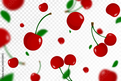 Flying red juicy cherry background with defocused blur effect. Berries of different size on transparent background. Can be used for wallpaper, banner, poster, print, fabric, wrapping paper. Vector