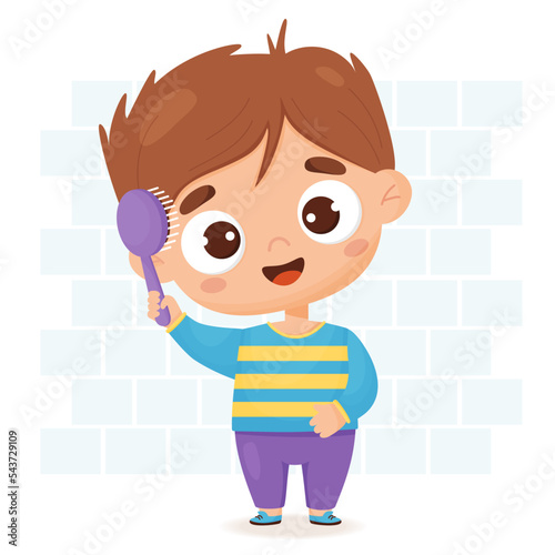 Cute baby boy combing her hair with comb. Care and beauty concept. Vector illustration in cartoon style for design, decor, print and kids collection, postcards.