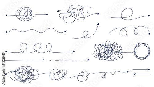 illustration of a set of lines, Tangled lines with arrows, solving chaos. Tangled lines turn into straight lines as a concept of solving chaos. Set of tangled and straight lines. Vector illustration