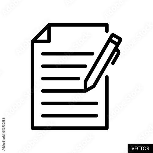 Pen filling an application form, Apply vector icon in line style design for website, app, UI, isolated on white background. Editable stroke. Vector illustration.