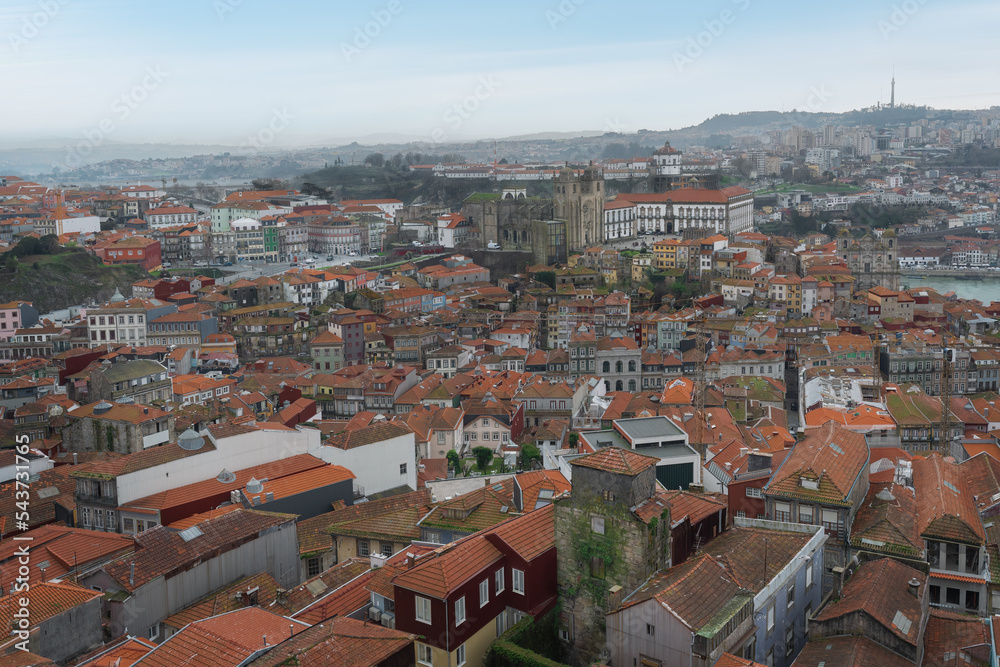 Aerial view of Porto City with Cathedral and Ribeira - Porto, Portugal