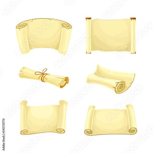 Old parchment scrolls set. Ancient paper, papyrus or antique manuscript cartoon vector illustration