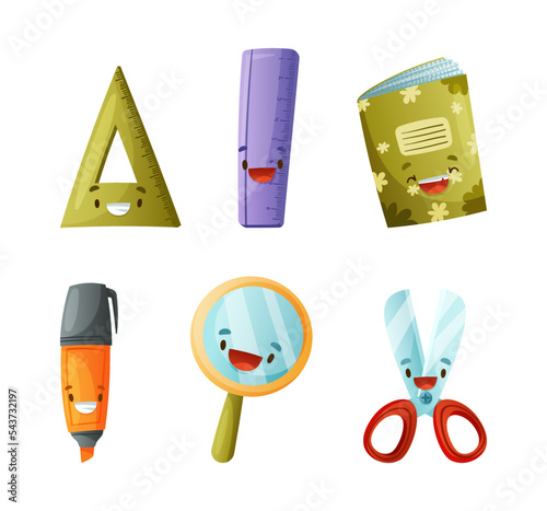 Funny stationery tools characters set. Cute triangle, ruler, notebook, marker, magnifying glass, scissors cartoon vector illustration