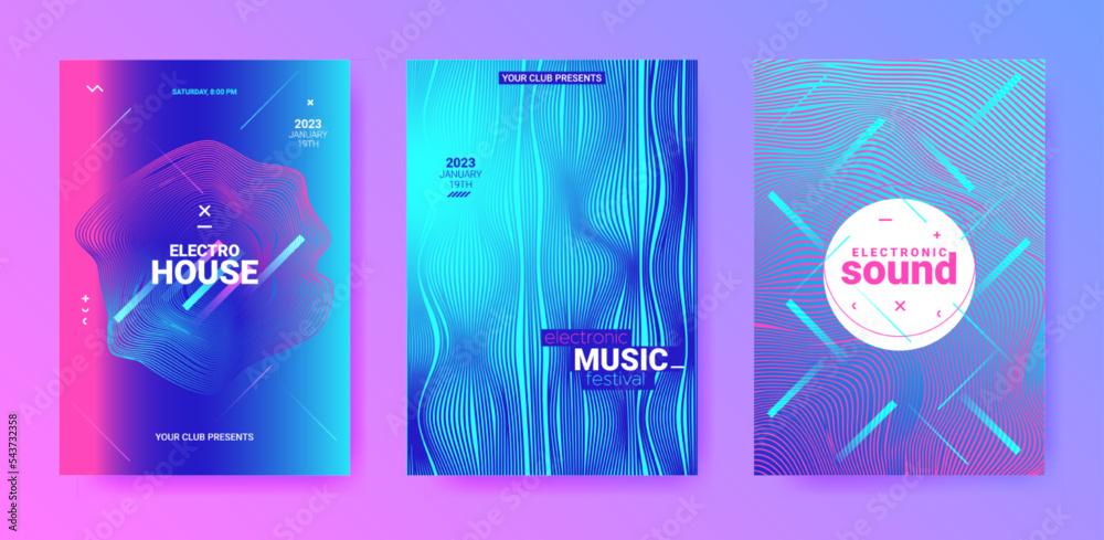 Futuristic Dance Posters. Electro Sound Cover. Techno Music Flyer. Vector Dj Background. Dance Posters. Minimal Festival Illustration. Gradient Distort Waves. Abstract Dance Poster Set.