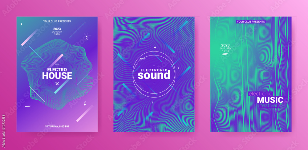 3d Dj Flyer. Electro Sound Poster. Techno Music Cover. Vector Edm Background. Minimal Abstract Dj Flyer Set. Futuristic Fest Illustration. Gradient Distort Lines. Psychedelic Abstract Dj Flyer.