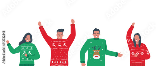 Ugly Christmas Sweater Party. People in red and green Christmas sweaters are dance. Vector illustration