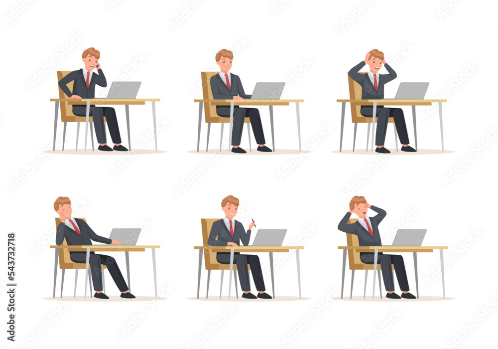 Business person working on computer set. Man in suit talking on phone, working and relaxing while sitting on chair behind office desk vector illustration
