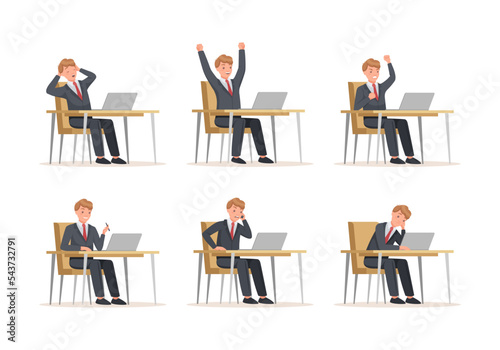 Business person working on computer and showing different emotions set. Man in suit sitting on chair behind office desk vector illustration
